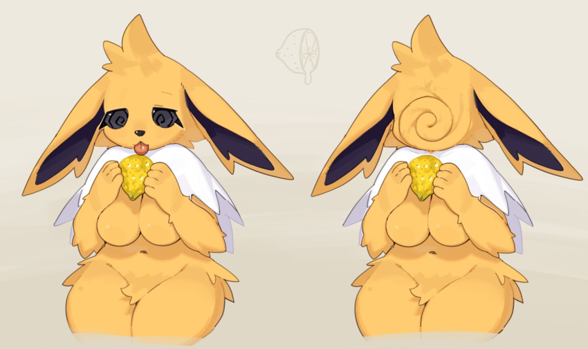 2024 4_fingers anthro big_breasts black_sclera breasts crotch_tuft eeveelution featureless_breasts female fingers food fruit fur generation_1_pokemon hi_res holding_food holding_fruit holding_object jolteon kame_3 lemon navel nintendo nude plant pokemon pokemon_(species) simple_background solo tongue tongue_out tuft yellow_body yellow_fur