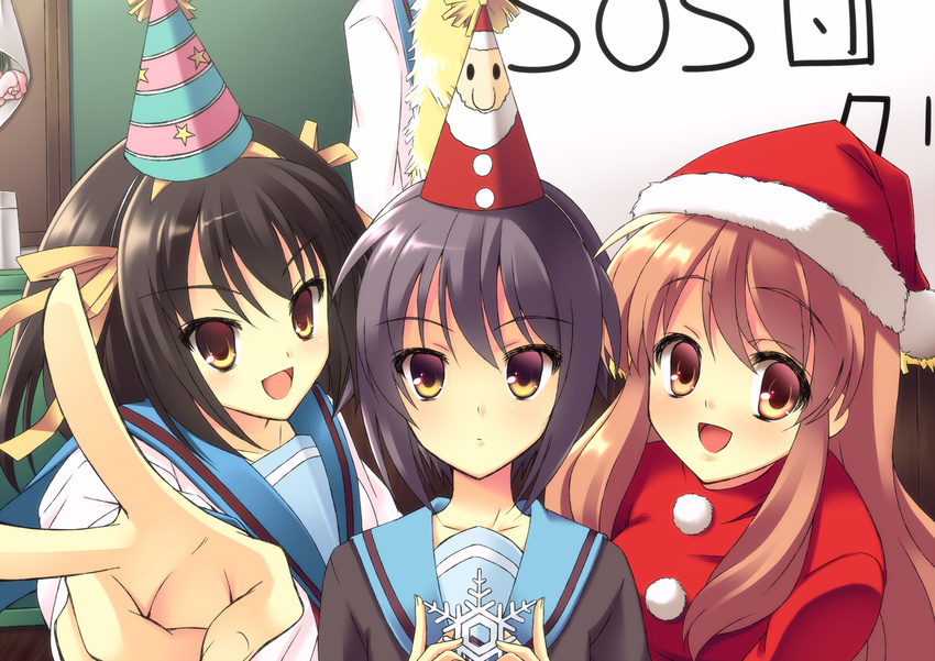 asahina_mikuru brown_eyes brown_hair grey_hair hair_ribbon hat highres kita_high_school_uniform long_hair multicolored multicolored_clothes multicolored_hat multiple_girls nagato_yuki nanashi_(soregashi) party_hat ribbon santa_costume school_uniform serafuku short_hair snowflakes suzumiya_haruhi suzumiya_haruhi_no_shoushitsu suzumiya_haruhi_no_yuuutsu v