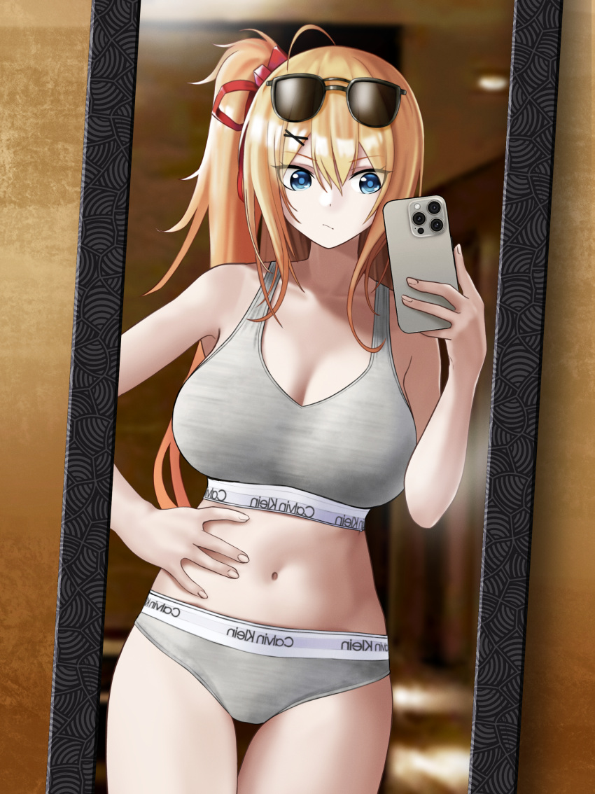 1girl absurdres ahoge black_gloves blonde_hair blue_eyes bra breasts calvin_klein cellphone cleavage closed_mouth commission english_commentary eyewear_on_head fingerless_gloves girls'_frontline gloves grey_bra grey_panties hair_ribbon highres holding holding_phone kalina_(girls'_frontline) long_hair looking_at_phone mirror navel o_o_(ywsm2327) one_side_up panties phone red_ribbon reflection ribbon selfie smartphone solo sunglasses underwear underwear_only