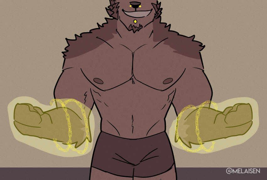 2021 absurd_res anthro briefs brown_body brown_fur brown_nipples brown_nose canid canine clothing digital_media_(artwork) fur grin growth hi_res magic male mammal melaisen muscle_growth muscular muscular_anthro muscular_male nipples smile solo underwear