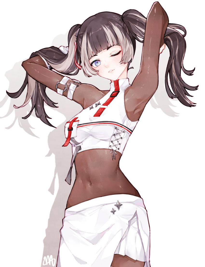 1girl black_hair blue_eyes blunt_bangs covered_navel grey_hair highres hololive hololive_dev_is juufuutei_raden long_hair looking_at_viewer ma_draws multicolored_hair one_eye_closed smile solo streaked_hair teeth twintails two-tone_hair virtual_youtuber