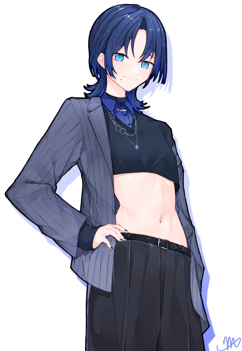 1girl blue_eyes blue_hair blush closed_mouth collared_shirt grey_jacket highres hiodoshi_ao hololive hololive_dev_is jacket jewelry looking_at_viewer ma_draws midriff mole mole_under_mouth navel necklace open_clothes open_jacket shirt short_hair smile solo striped_clothes striped_jacket virtual_youtuber