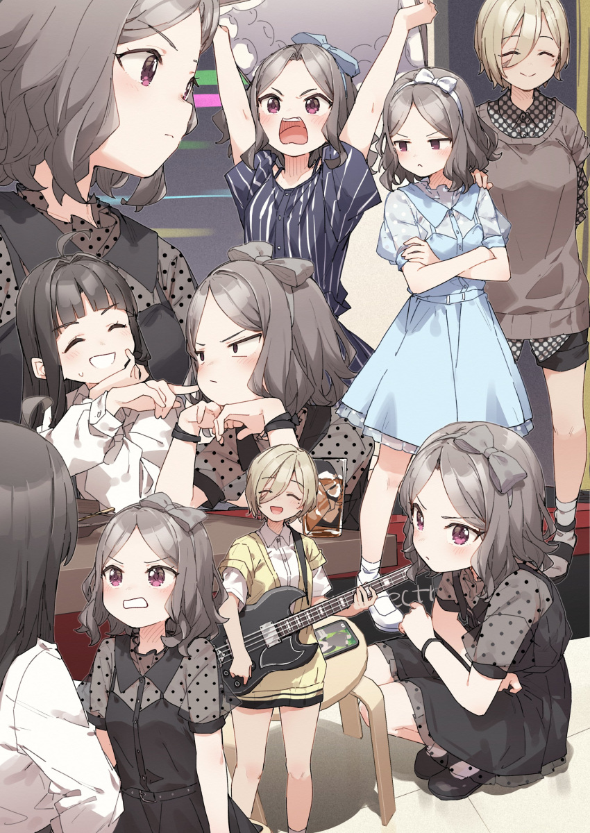 3girls :/ ^_^ absurdres ahoge angry arms_up awa_subaru bass_guitar black_dress black_hair black_shorts blue_dress blue_shirt blush bow bow_hairband brown_hair cheek_poking closed_eyes closed_mouth commentary_request crossed_arms cup dress drinking_glass ebizuka_tomo electric_guitar girls_band_cry guitar hairband highres instrument mole mole_under_eye multiple_girls multiple_views music open_mouth playing_instrument poking polka_dot puffy_short_sleeves puffy_sleeves rupa_(girls_band_cry) shirt short_sleeves shorts smile socks squatting standing striped_clothes striped_shirt v-shaped_eyebrows vertical-striped_clothes vertical-striped_shirt white_bow white_footwear white_socks yukie_(kusaka_shi)