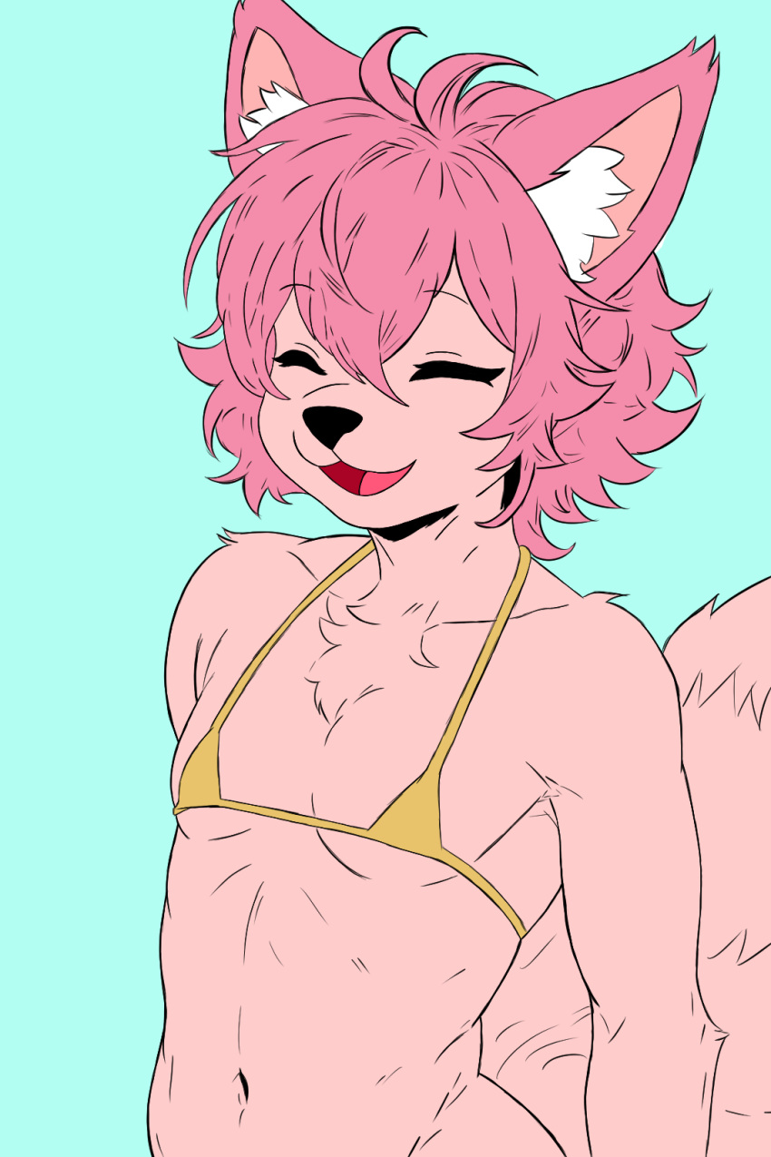 anthro bikini bikini_top bottomless canid canine clothed clothing digital_media_(artwork) femboy fokkuzu fox golden_week hair hair_over_eyes hi_res looking_at_viewer male mammal open_mouth partially_clothed pink_body pink_hair sawyer_(fokkuzu) simple_background smile solo swimwear tail