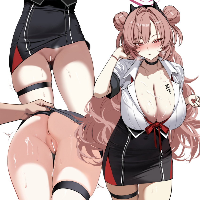 1girl anus ass ass_focus ateoyh bar_censor black_choker black_skirt blue_archive blush breasts censored choker cleavage closed_mouth clothes_lift collared_shirt cum cum_on_body cum_on_breasts double_bun fake_horns fingernails hair_bun halo hetero highres horns huge_breasts kirara_(blue_archive) lifting_another's_clothes long_fingernails long_hair looking_at_viewer nail_polish pink_eyes pink_hair pink_halo pussy pussy_juice red_nails shirt short_sleeves simple_background skirt skirt_lift smile solo thigh_strap white_background white_shirt