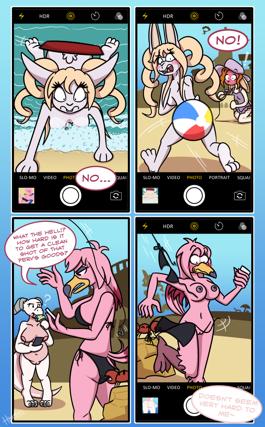 absurd_res accident accidental_exposure arthropod assisted_exposure avian ball beach beach_ball beak bikini bikini_pull bird blonde_hair blue_sky blush blushing_profusely breasts butt camera camera_hud camera_phone cellphone clothing clothing_pull comic convenient_censorship covering covering_breasts covering_self crab crustacean day decapoda dessert electronics embarrassed feet fish_hook fishing_line flag flipping_viewer_off food freckled_butt freckled_face freckled_shoulders freckles frisbee fur genderfluid_pride_colors genitals grey_body grey_nipples hair hat headgear headwear hi_res himitsu hook horn ice_cream ice_cream_cone inflatable karma kobold lagomorph leporid lgbt_pride malacostracan mammal marine markings mint_chocolate_chip mooning motion_blur motion_lines nipples nude nudist one_piece_suit outside partially_submerged phone phone_screen phone_view photo pink_body pink_nipples pride_colors pussy question_mark rabbit rebecca_(neko-eclipse17) rock running running_away sand_castle sculpture side-tie_bikini silhouette_background sky smartphone spots spotted_body spotted_fur stephanie_(neko-eclipse17) streaking string_bikini swimwear swimwear_pull tail talons tammy tazri_(neko-eclipse17) toes trangender trans_(lore) trans_woman_(lore) twintails_(hairstyle) undressing undressing_another undressing_crabs wardrobe_malfunction water wave white_body