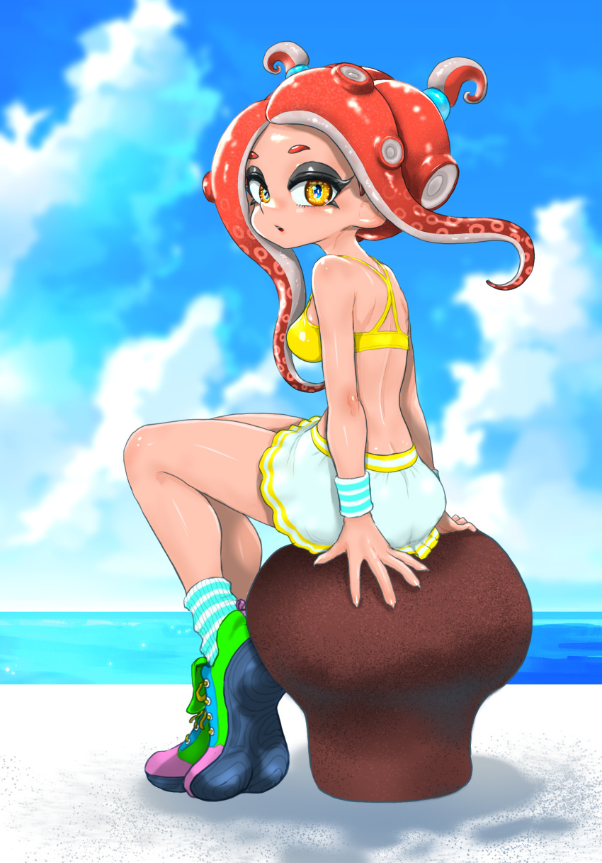 1girl bare_shoulders bikini bikini_top_only blue_pupils blue_sky breasts cloud day full_body highres koharu2.5 long_hair medium_breasts miniskirt multicolored_footwear ocean octoling octoling_girl octoling_player_character open_mouth orange_eyes outdoors red_hair shoes sitting skirt sky socks solo splatoon_(series) striped_clothes striped_socks striped_wristband suction_cups swimsuit teeth tentacle_hair two_side_up upper_teeth_only water white_skirt wristband yellow_bikini