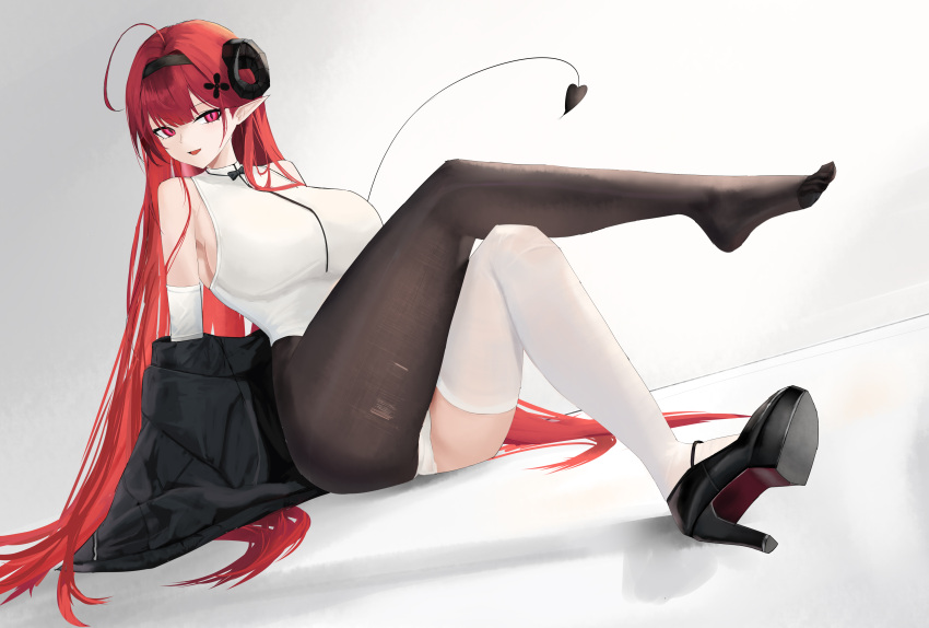 1girl absurdres asymmetrical_legwear azur_lane black_hairband black_pantyhose blush breasts crossed_legs curled_horns demon_tail detached_sleeves hair_ornament hairband high_heels highleg highres hindenburg_(azur_lane) horns large_breasts leotard long_hair looking_at_viewer off_shoulder open_mouth pantyhose pointy_ears red_eyes red_hair sitting smile solo suo_bu_ye_feng tail thighhighs white_leotard white_thighhighs