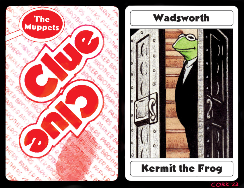 2023 amphibian anthro black_border black_clothing black_suit border bruce_mccorkindale butler card clothing clue_(film) cluedo crossover door doorway english_text fingerprint frog green_body green_skin hasbro kermit_the_frog looking_at_viewer magnifying_glass male mansion muppet muppets necktie noseless parody playing_card shirt signature solo stairs suit tabletop_game text the_muppet_show topwear white_clothing white_shirt white_topwear window