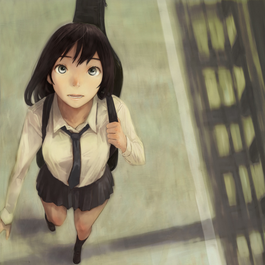 bad_id bad_pixiv_id black_hair grey_eyes guitar_case highres instrument_case looking_up necktie nimirom original school_uniform skirt solo