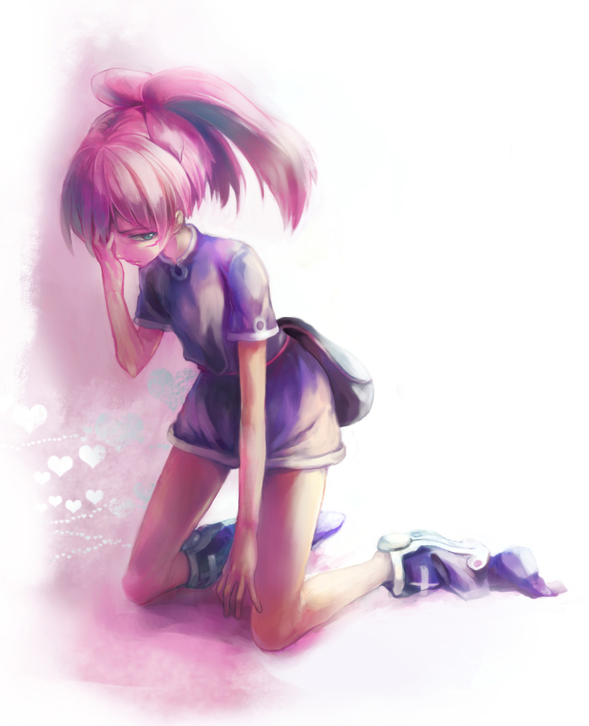 bangs bare_arms boots facial_mark frown full_body hand_on_own_face hand_over_eye heart highres kneeling looking_at_viewer male_focus one_eye_covered oshama otoko_no_ko pink_hair purple_footwear riinu_(ir-n) sad shoe_dangle short_sleeves sideways_glance solo tartarus_dream tunic twintails white_background