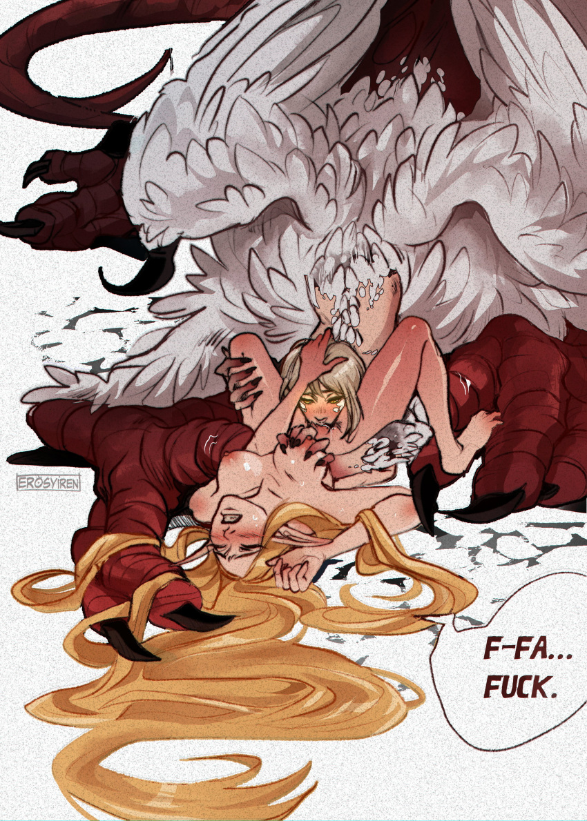 2girls absurdres blonde_hair body_fur centauroid chimera claws cunnilingus dragon_tail dungeon_meshi elf falin_touden falin_touden_(chimera) feathered_wings feathers grabbing grabbing_another's_breast hand_on_another's_head head_back highres marcille_donato multiple_girls nipples oral pointy_ears profanity pussy red_scales speech_bubble syiren tail taur thigh_grab thighs white_feathers wings yuri