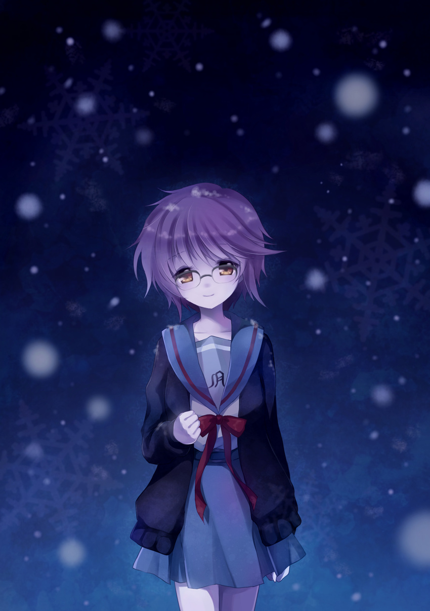 absurdres bangs brown_eyes cardigan glasses grey_hair highres kita_high_school_uniform mauve nagato_yuki night school_uniform serafuku short_hair smile snowflakes snowing solo standing suzumiya_haruhi_no_shoushitsu suzumiya_haruhi_no_yuuutsu