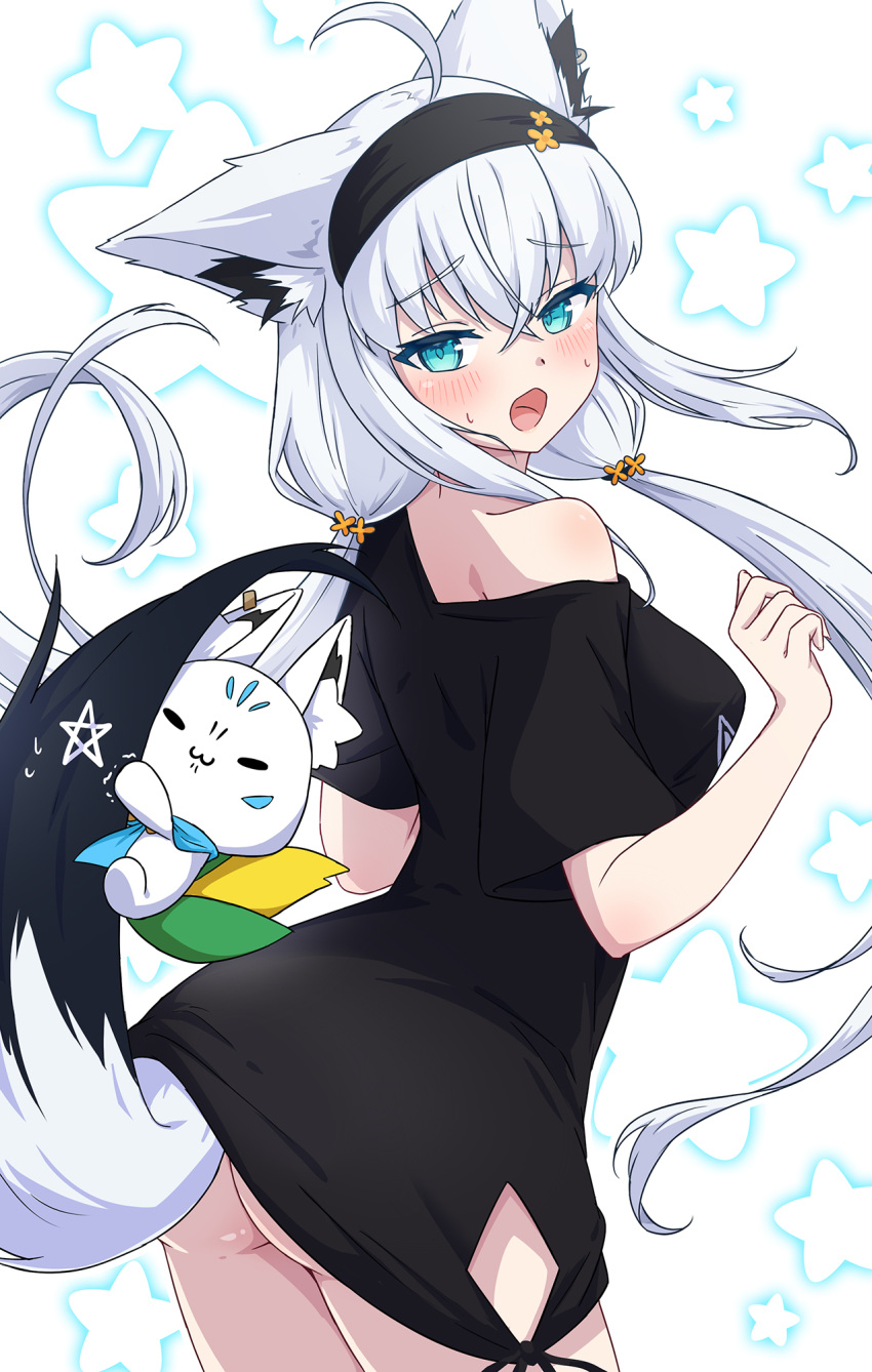 1girl ahoge animal_ear_fluff animal_ear_piercing animal_ears aqua_eyes ass black_hairband black_shirt blush commentary_request crossed_bangs flower fox_ears fox_girl fox_tail hachiman_tanuki hair_between_eyes hair_flower hair_ornament hairband hands_up highres hip_vent hololive long_hair looking_back loungewear low_twintails no_panties no_pants official_alternate_costume official_alternate_hairstyle open_mouth pentagram shirakami_fubuki shirakami_fubuki_(loungewear) shirt side-tie_shirt sidelocks single_off_shoulder solo starry_background sukonbu_(shirakami_fubuki) t-shirt tail twintails virtual_youtuber white_background white_hair