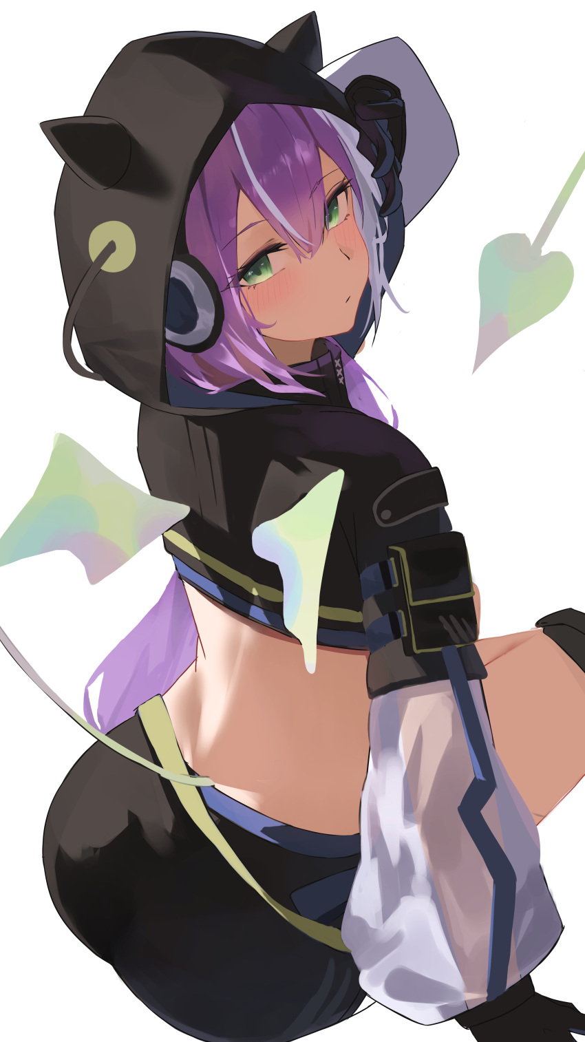 1girl absurdres black_gloves blush closed_mouth cropped_jacket demon_tail from_behind gloves green_eyes hand_up headphones highres hololive hood hood_up hooded_jacket jacket knee_pads long_hair long_sleeves looking_at_viewer nagiushi purple_hair see-through see-through_sleeves shorts simple_background sitting solo tail tokoyami_towa virtual_youtuber white_background