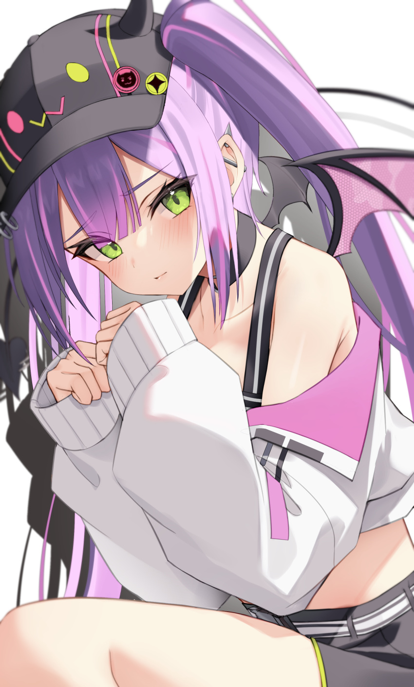 1girl absurdres bare_shoulders black_hat blush closed_mouth demon_wings ear_piercing from_side green_eyes hat highres hololive horned_hat jacket long_hair long_sleeves looking_at_viewer off_shoulder piercing purple_hair sitting sleeves_past_wrists solo thomas_8000 tokoyami_towa tokoyami_towa_(1st_costume) twintails virtual_youtuber white_jacket wings