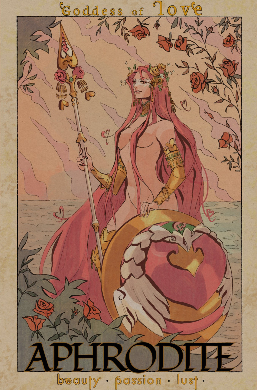1girl absurdly_long_hair aphrodite_(hades) armlet bracelet breasts convenient_censoring flower hades_(series) hades_2 hair_censor hair_ornament heart highres jewelry lance laurel_crown long_hair looking_at_viewer musetheart nude pink_eyes pink_hair polearm rose shield smile solo very_long_hair weapon