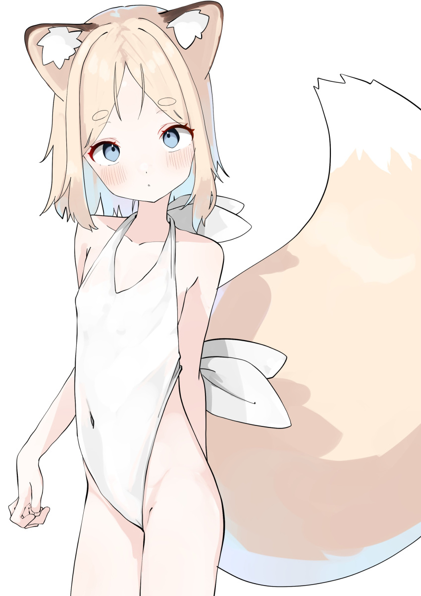 1girl :o absurdres animal_ear_fluff animal_ears antenna_hair arm_behind_back blonde_hair blue_eyes blush cameltoe casual_one-piece_swimsuit collarbone covered_navel dot_nose flat_chest fox_ears fox_girl fox_tail gingerbullet halterneck highleg highleg_swimsuit highres looking_at_viewer medium_hair one-piece_swimsuit original parted_bangs simple_background solo swimsuit tail thighs white_background white_one-piece_swimsuit