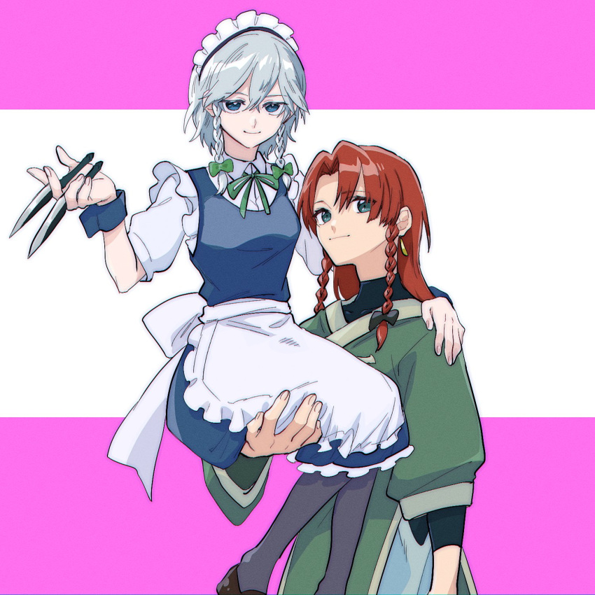 2girls alternate_costume apron back_bow between_fingers black_bow black_pantyhose blue_eyes bow braid closed_mouth clothing_request commentary green_bow green_eyes grey_hair hair_bow hand_on_another's_shoulder highres holding holding_knife hong_meiling izayoi_sakuya knife knives_between_fingers long_hair maid maid_apron maid_day maid_headdress multiple_girls no_headwear pantyhose red_hair sitting_on_arm smile touhou twin_braids ukei624 waist_apron white_apron wrist_cuffs