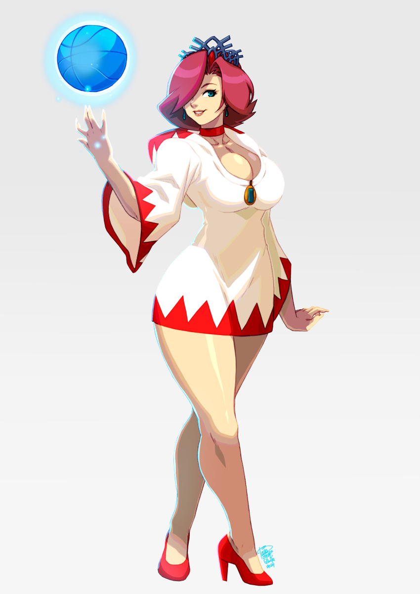 1girl absurdres ball basketball_(object) blue_eyes breasts choker commission hair_over_one_eye high_heels highres hooded_robe large_breasts mario_sports_mix red_choker red_hair red_trim robe solo tovio_rogers white_mage_(final_fantasy) white_robe