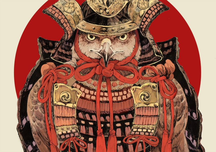 animal animal_focus armor beak bird brown_background clothed_animal commentary hatching_(texture) hawk helmet highres japanese_armor kabuto_(helmet) looking_at_viewer mitsudomoe_(shape) no_humans original red_sun shoulder_armor simple_background sode solo straight-on symbol-only_commentary tassel tomoe_(symbol) tonbippo08 upper_body yellow_eyes