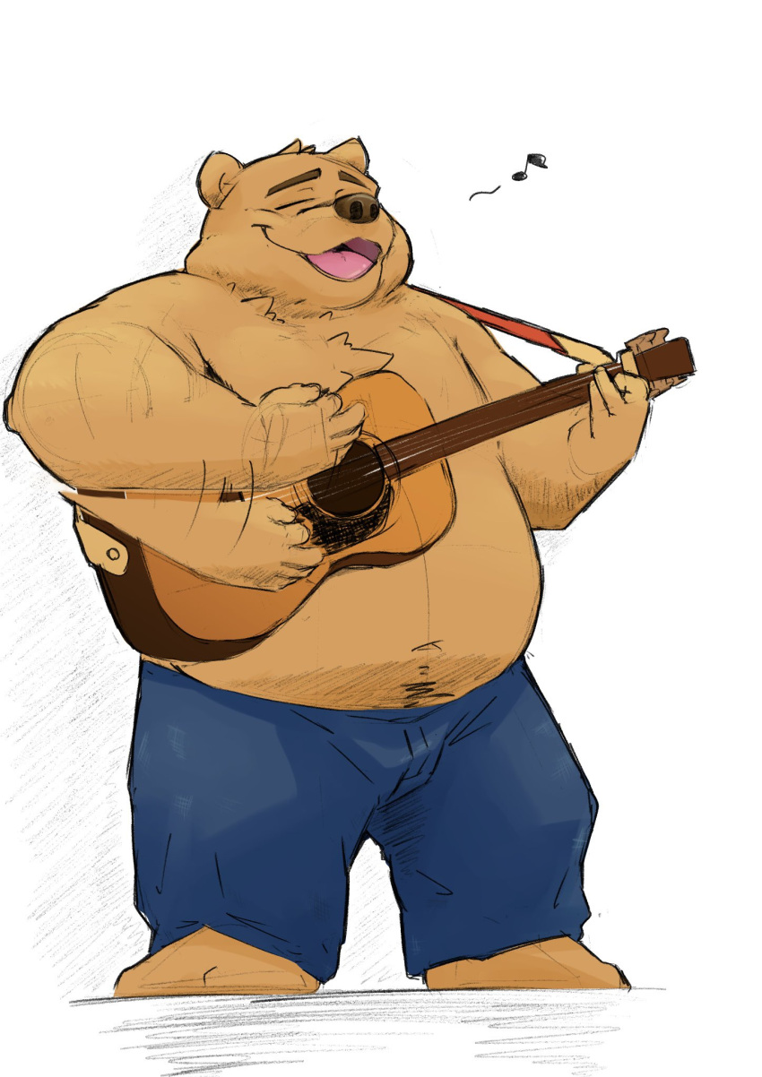 0ottotto0 2024 anthro bear black_nose bottomwear clothing eyes_closed guitar hi_res humanoid_hands kemono male mammal musical_instrument musical_note open_mouth overweight overweight_male pants plucked_string_instrument solo string_instrument