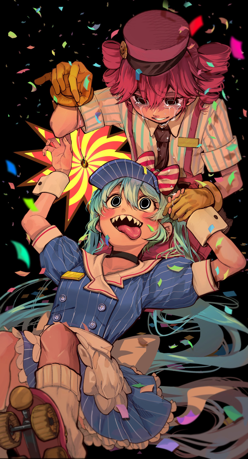2girls absurdres black_background black_eyes black_mouth blue_dress blue_hair coin confetti crazy crying dress drill_hair gloves hatsune_miku highres holding holding_coin hypnosis kasane_teto long_hair lying mesmerizer_(vocaloid) mind_control multiple_girls on_back parted_lips pink_hair pinstripe_dress pinstripe_hat pinstripe_pattern puffy_short_sleeves puffy_sleeves roller_skates shirt short_sleeves simple_background skates smile smiley_hair_ornament striped_clothes striped_shirt suama_(suama-333) suspenders tridecagram twin_drills twintails utau very_long_hair visor_cap vocaloid yellow_gloves