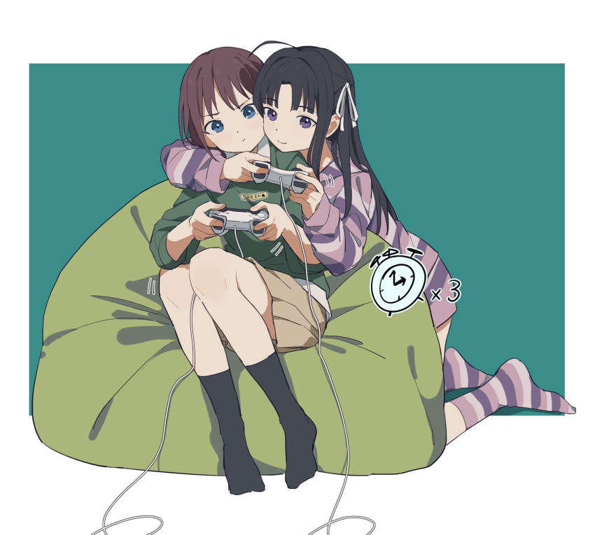 2girls ahoge arm_around_neck awa_subaru bean_bag_chair black_hair black_socks blue_eyes blush border brown_hair brown_skirt closed_mouth coldcat. collared_shirt commentary commission controller game_controller girls_band_cry green_sweater hair_ribbon hashtag-only_commentary highres holding holding_controller holding_game_controller hood hoodie iseri_nina long_hair long_sleeves looking_at_viewer multiple_girls no_shoes outside_border parted_bangs pleated_skirt purple_eyes purple_hoodie purple_socks ribbon second-party_source shirt short_hair sidelocks skirt smile socks striped_clothes striped_hoodie striped_socks sweater white_border white_ribbon white_shirt yuri