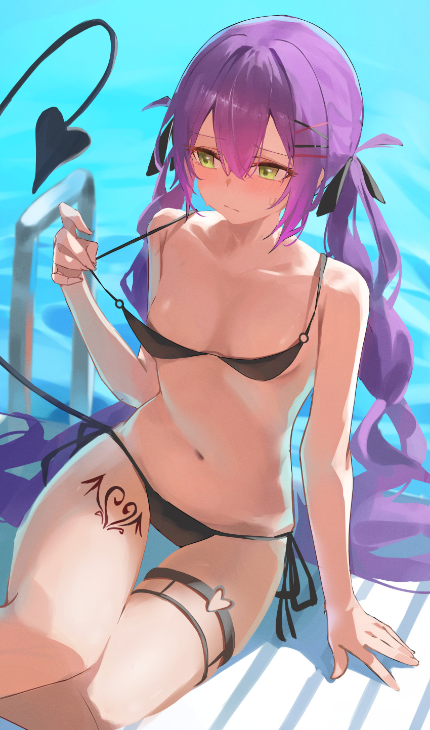 1girl absurdres adjusting_clothes adjusting_swimsuit bikini black_bikini black_tail blush body_markings breasts closed_mouth demon_tail feet_out_of_frame green_eyes hair_ornament highres hololive long_hair looking_down nagiushi navel poolside purple_hair side-tie_bikini_bottom small_breasts solo sweat swimsuit tail thigh_strap tokoyami_towa twintails virtual_youtuber water x_hair_ornament