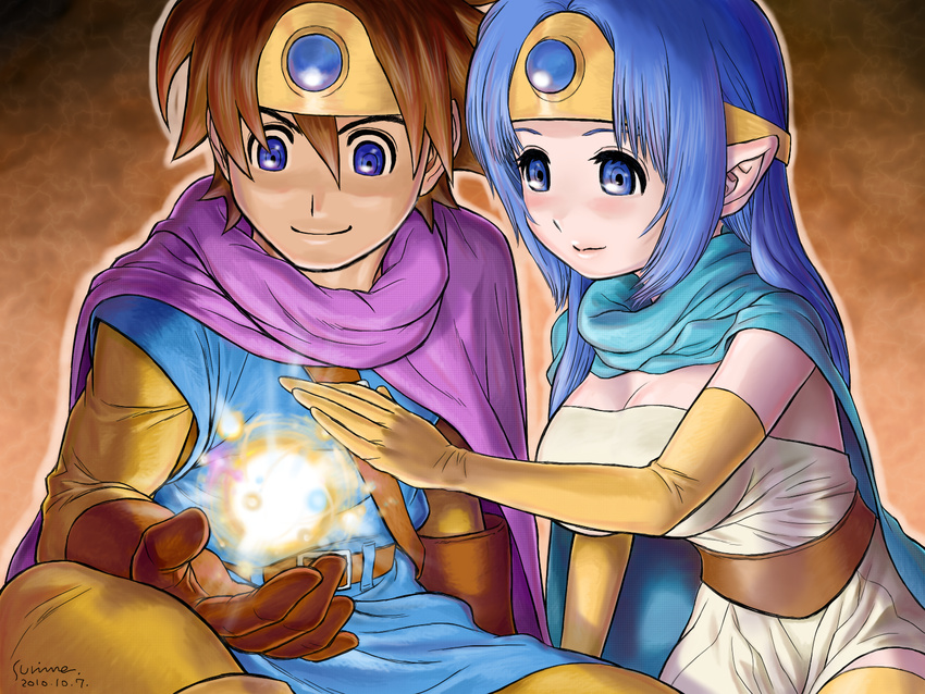 1girl bad_id bad_pixiv_id blue_eyes blue_hair breasts cape circlet cleavage dragon_quest dragon_quest_iii elbow_gloves gloves highres large_breasts long_hair magic pointy_ears roto sage_(dq3) surime-dq wallpaper