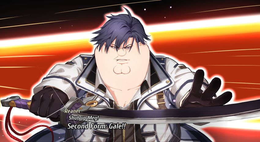 1boy absurdres black_gloves black_hair cleft_chin coat commission cosplay eiyuu_densetsu english_text family_guy fat fat_man gloves highres holding holding_sword holding_weapon kowai_(iamkowai) looking_at_viewer male_focus peter_griffin purple_eyes rean_schwarzer rean_schwarzer_(cosplay) sen_no_kiseki short_hair solo sword weapon white_coat