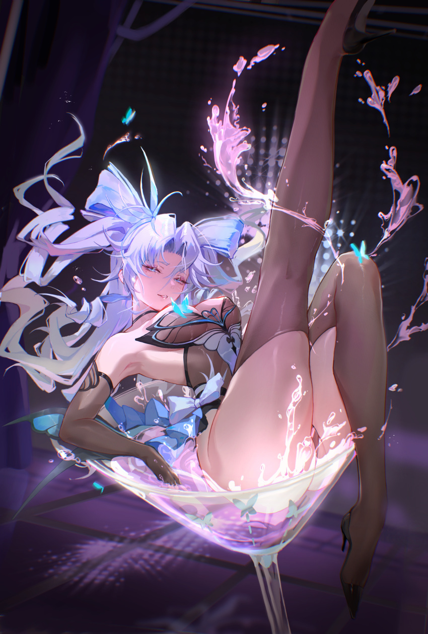 1girl absurdres armpits ass blue_hair breasts cup drinking_glass dynamic_pose elbow_gloves full_body girls'_frontline gloves high_heels highres leg_up medium_breasts official_alternate_costume pa-15_(girls'_frontline) plantar_flexion pole_dancing solo sumi_(rainsun02) thighhighs