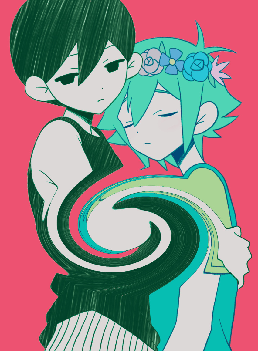 2boys antenna_hair aqua_flower aqua_hair aqua_overalls aqua_rose bare_arms bare_shoulders basil_(headspace)_(omori) basil_(omori) black_eyes black_tank_top blue_flower child closed_eyes closed_mouth colored_skin distortion flower flower_wreath green_shirt hair_behind_ear hair_between_eyes hair_flaps hand_on_another's_back highres leaf looking_at_viewer male_focus multiple_boys no_pupils omori omori_(omori) pants purple_flower purple_rose red_background rose shirt short_sleeves sidelocks simple_background striped_clothes striped_pants swirl tank_top upper_body vertical-striped_clothes vertical-striped_pants white_pants white_skin zero_(sleepy_meltan)