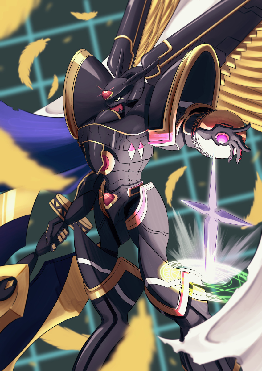 absurdres alphamon alphamon_ouryuuken armor black_armor black_helmet blue_cape blurry blurry_foreground cape digimon digimon_(creature) feathered_wings feathers forehead_jewel halberd helmet highres holding holding_polearm holding_weapon knight magic_circle polearm potato_(ewokakupotato) solo two-sided_cape two-sided_fabric weapon white_cape wings yellow_feathers