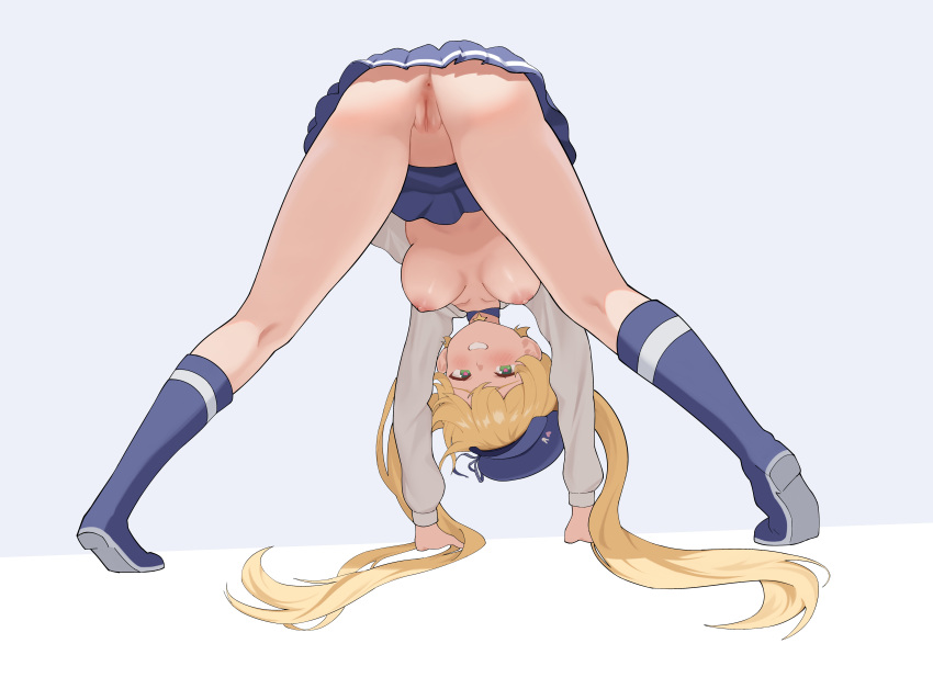 1girl absurdres anus blonde_hair blue_footwear blue_hat blue_skirt boots breasts commission dokibird_(vtuber) english_commentary green_eyes grin hands_on_ground hat heart heart-shaped_pupils highres indie_virtual_youtuber long_hair looking_at_viewer medium_breasts nipples no_panties pussy shift_(shiftillust) shirt skirt smile solo symbol-shaped_pupils top-down_bottom-up twintails two-tone_background virtual_youtuber white_shirt