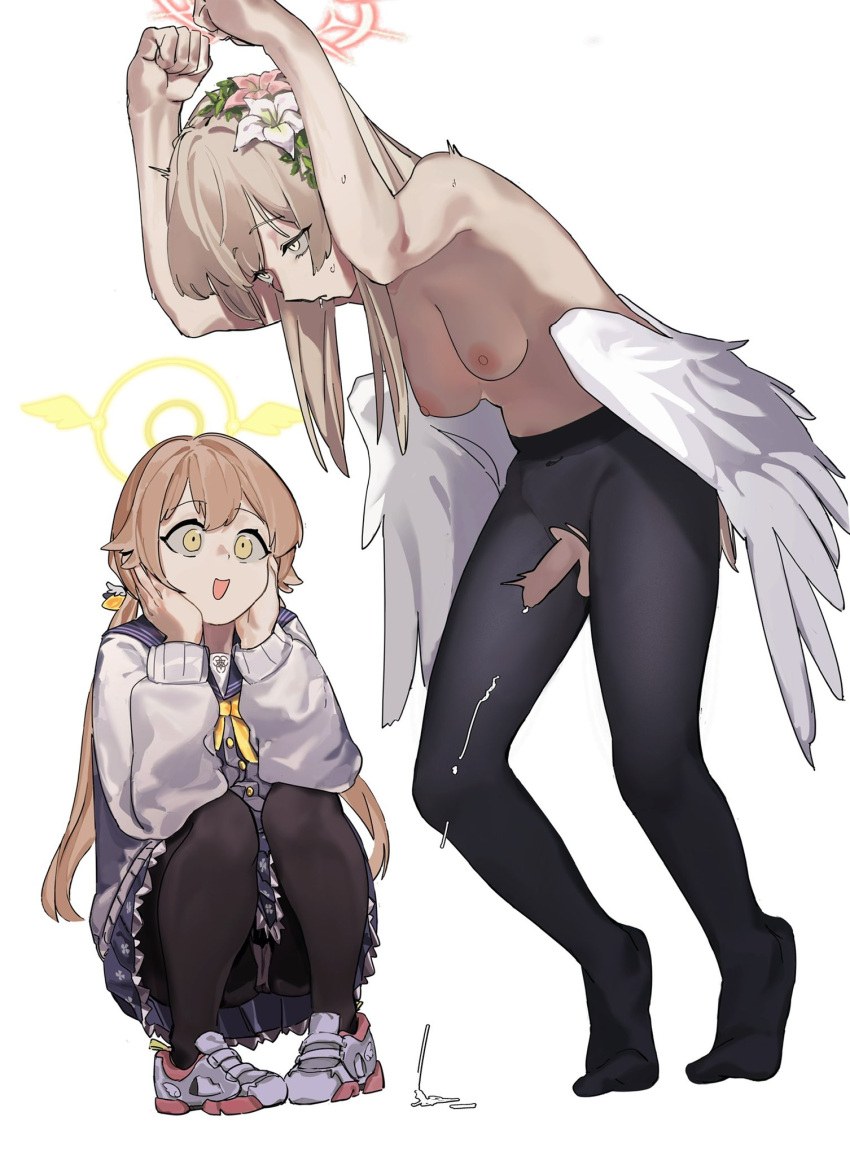 2girls arms_up bbocsean black_pantyhose blue_archive breasts cardigan cum ejaculation feathered_wings flower futanari hair_flower hair_ornament halo hands_on_own_cheeks hands_on_own_face hifumi_(blue_archive) highres light_brown_hair long_hair long_sleeves looking_at_another medium_breasts multiple_girls nagisa_(blue_archive) nipples no_shoes open_mouth pantyhose penis red_halo shoes simple_background sneakers squatting standing tiptoes torn_clothes torn_pantyhose white_background white_cardigan white_footwear white_wings wings yellow_eyes yellow_halo