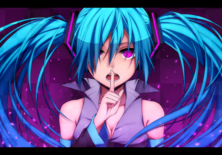 aqua_hair bad_id bad_pixiv_id breasts cleavage finger_to_mouth hair_ornament hatsune_miku highres long_hair medium_breasts open_mouth purple_eyes shirotaka_(5choume) solo twintails vocaloid