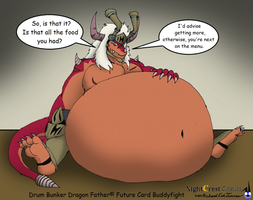 anthro armor belly big_belly bushiroad claws command demanding dialogue dragon drum's_father fangs finger_claws future_card_buddyfight glare gluttony grumpy hair hand_on_belly hangry headgear helmet horn k9manx90_(artist) leg_armor male monster mythological_creature mythological_scalie mythology navel navel_outline obese obese_anthro obese_male overweight overweight_anthro overweight_male scalie scar scars_all_over sharp_teeth sitting sitting_on_ground solo speech_bubble stuffing stuffing_(food) tail teeth threatening threatening_vore toe_claws wounded