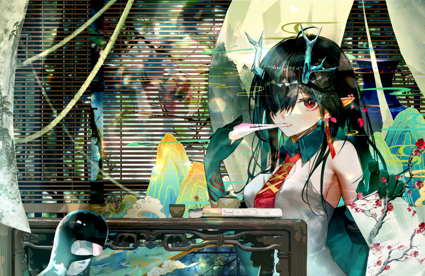 1girl absurdres arknights bare_shoulders black_hair breasts c1718259 chinese_commentary collared_shirt commentary_request dragon_girl dragon_horns dusk_(arknights) eating food green_horns highres horns long_hair looking_at_viewer looking_to_the_side medium_breasts mochi necktie pointy_ears red_eyes red_necktie shirt sleeveless sleeveless_shirt solo table white_shirt