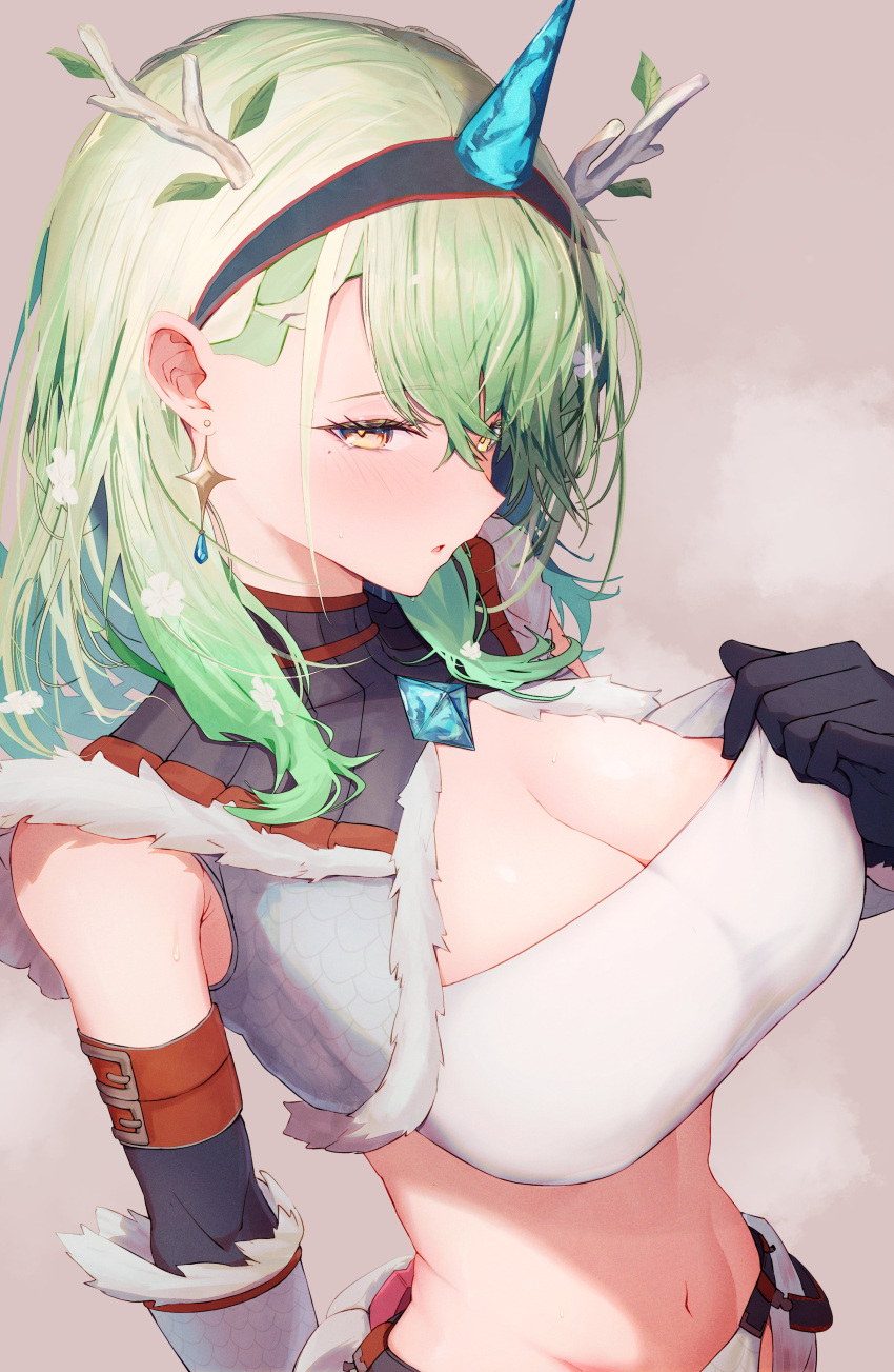 1girl absurdres antlers black_gloves breasts ceres_fauna cleavage crop_top earrings fake_horns fur_trim getto gloves green_hair highres hololive hololive_english horns jewelry large_breasts leaf long_hair looking_at_viewer mole mole_under_eye navel parted_lips single_horn solo stomach virtual_youtuber yellow_eyes