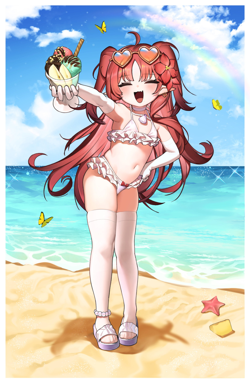 1girl absurdres ahoge arknights beach bikini blue_sky bow bug butterfly choker cloud day earrings elbow_gloves eyewear_on_head facing_viewer fang flat_chest flower frilled_bikini frills full_body gloves hair_flower hair_ornament heart heart-shaped_eyewear highres holding horizon jewelry long_hair myrtle_(arknights) myrtle_(summer_flowers)_(arknights) navel necklace official_alternate_costume open_mouth orange-tinted_eyewear outdoors outstretched_arm parfait pointy_ears purple_footwear rainbow red_bow red_hair sand sandals shell shell_necklace skin_fang sky soda_(sod4) solo sparkle standing starfish stomach summer swimsuit thighhighs tinted_eyewear twintails very_long_hair wafer_stick white_bikini white_choker white_gloves white_thighhighs