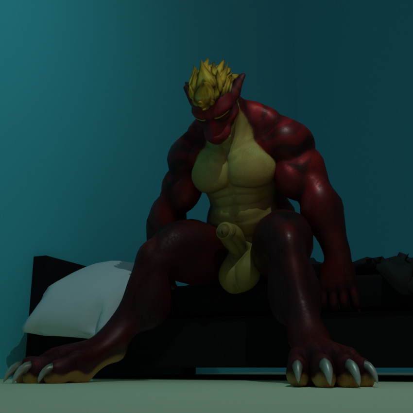 anthro blonde_hair dergdrister dragon genitals hair humanoid_genitalia humanoid_penis looking_down male messy_bed muscular muscular_anthro mythological_creature mythological_scalie mythology penis red_body scalie simple_background slightly_chubby solo tyler_(dergdrister)