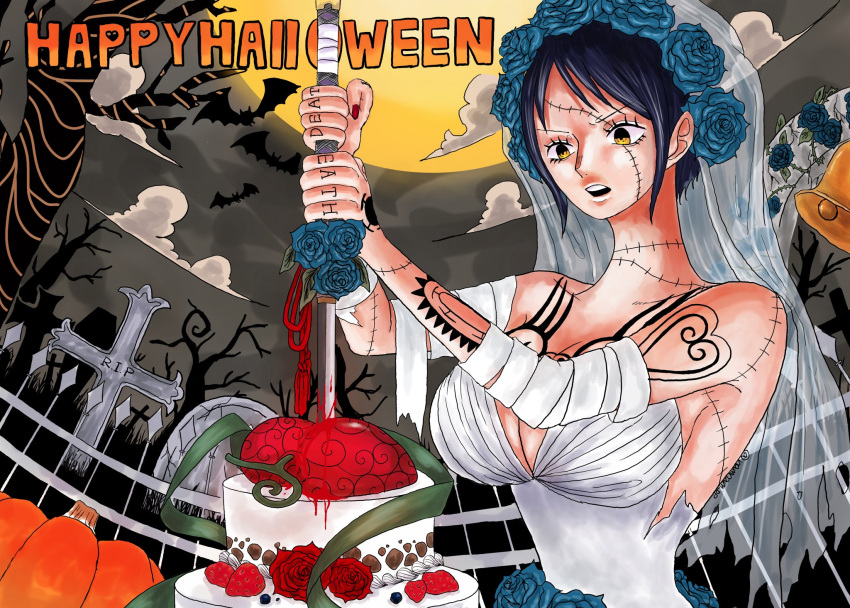 1girl alternate_costume arm_tattoo bat_(animal) blue_flower breast_tattoo breasts bridal_veil cake cleavage cloud devil_fruit dress earrings english_commentary english_text finger_tattoo flower food genderswap genderswap_(mtf) grave graveyard halloween hand_tattoo happy_halloween highres holding holding_sword holding_weapon jewelry large_breasts moon namnam_op night one_piece open_mouth pumpkin red_flower red_nails red_rose rose short_hair shoulder_tattoo solo stitched_arm stitched_face stitches sword tattoo teeth trafalgar_law veil weapon wedding_dress white_dress yellow_eyes