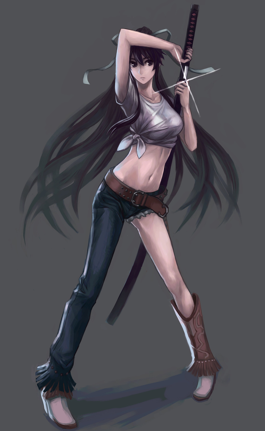 asymmetrical_clothes hair_ribbon highres kanzaki_kaori long_hair midriff navel ponytail purple_eyes purple_hair ribbon sheath shirt single_pantsleg solo sword tied_shirt to_aru_majutsu_no_index utu_(ldnsft) very_long_hair weapon