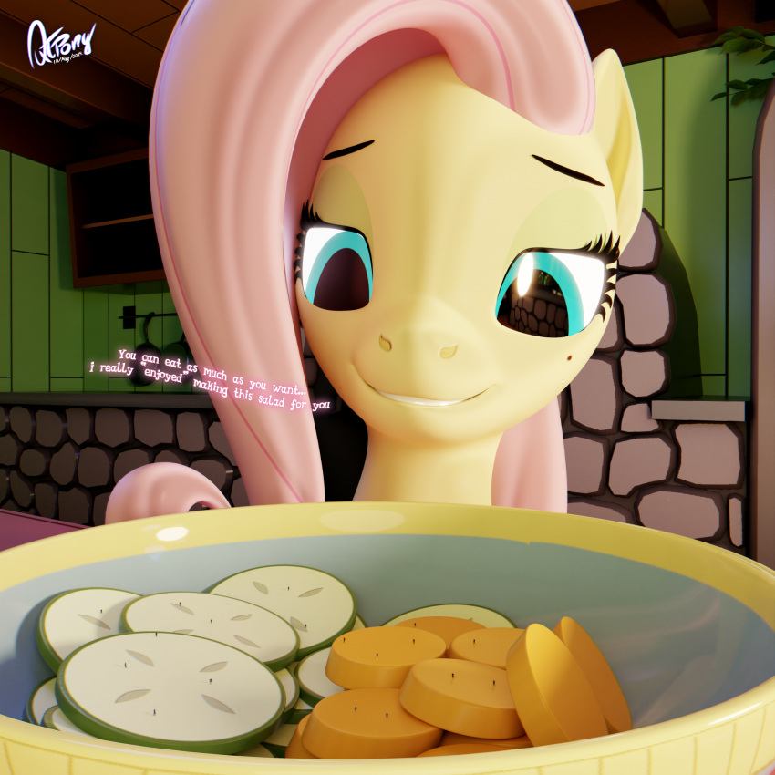 3d_(artwork) blue_eyes cucumber detailed_background digital_media_(artwork) equid equine eyelashes female feral fluttershy_(mlp) food friendship_is_magic fruit hair hasbro hi_res mammal my_little_pony pink_hair plant quicktimepony smile solo teeth yellow_body