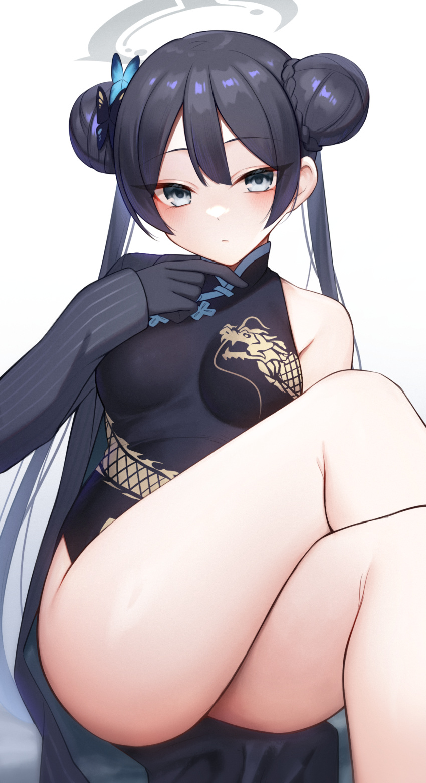 1girl black_dress black_gloves black_hair blue_archive breasts butterfly_hair_ornament china_dress chinese_clothes crossed_legs double_bun dragon_print dress gloves grey_eyes grey_halo hair_bun hair_ornament halo highres hoshimiya_aki jacket kisaki_(blue_archive) legs long_hair looking_at_viewer medium_breasts print_dress revision sleeveless sleeveless_dress solo striped_clothes striped_jacket thighs twintails vertical-striped_clothes vertical-striped_jacket