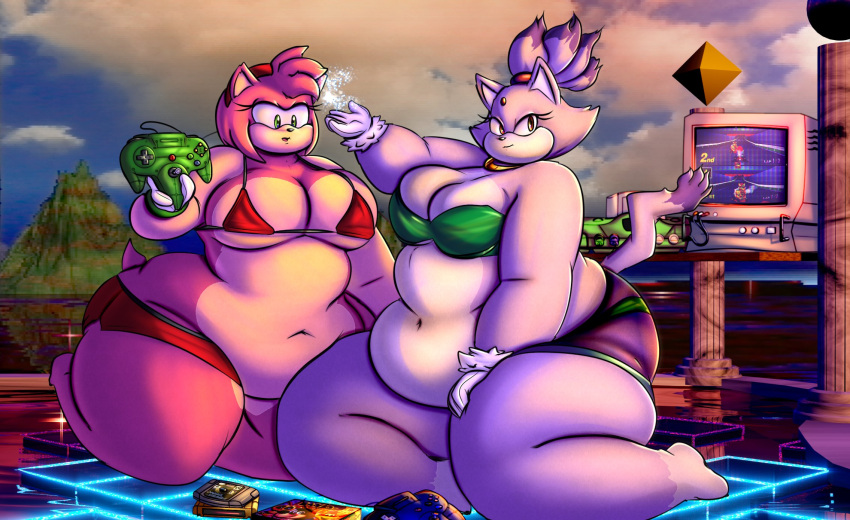 abstract_background accessory amy_rose anthro bedroom_eyes belly belly_overhang big_belly big_breasts big_butt bikini bikini_top blaze_the_cat bottomwear bra breasts butt chubby_face cleavage clothed clothing controller controller_on_ground duo electronics eulipotyphlan fat_rolls felid feline female female/female flabby_arms forehead_gem fur game_cartridge game_console gem gloves green_eyes hair_accessory hair_ring hairband hand_on_leg hand_on_thigh handwear hedgehog hi_res jewelry mammal narrowed_eyes nintendo nintendo_64 nobody-64 obese obese_anthro obese_female overweight overweight_anthro overweight_female pink_body pink_fur psychedelic_background purple_body purple_fur seductive sega shorts sonic_the_hedgehog_(series) swimwear tail tan_body tan_fur television thick_thighs underwear white_body white_fur wide_hips yellow_eyes