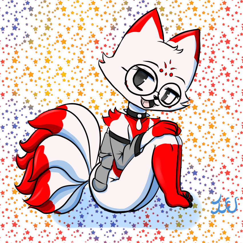 2024 absurd_res anthro black_eyes canid canine circle_glasses clothing cute_fangs fox fox_tail fur hi_res jacket knees_together looking_at_viewer male mammal multi_tail multicolored_body multicolored_fur paws red_body red_fur renv signature sitting sitting_on_ground solo tail topwear two_tone_body two_tone_fur white_body white_fur