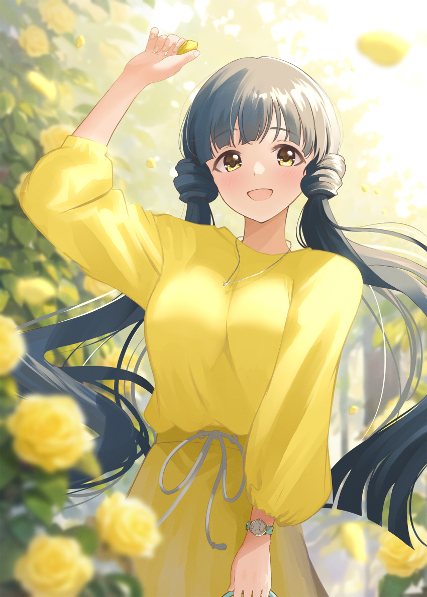 1girl absurdres blunt_ends blush breasts falling_petals flower highres idolmaster idolmaster_million_live! kitakami_reika large_breasts long_hair long_sleeves looking_at_viewer paiki0517 petals rose shirt skirt smile solo twintails very_long_hair watch wristwatch yellow_eyes yellow_flower yellow_rose yellow_shirt yellow_skirt