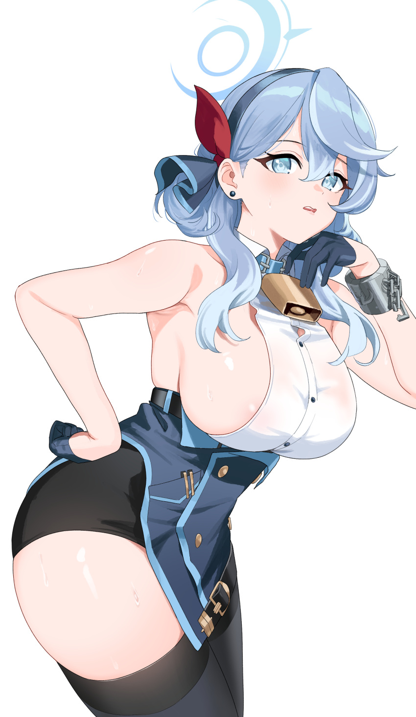 1girl absurdres ako_(blue_archive) bell black_gloves black_hairband black_skirt black_thighhighs blue_archive blue_eyes blue_hair blue_halo breasts buttons chain collared_shirt cowboy_shot cuffs gloves hair_between_eyes hairband halo handcuffs highres large_breasts long_hair looking_at_viewer neck_bell nonbire open_mouth shirt sideboob simple_background skirt sleeveless sleeveless_shirt solo thighhighs white_background white_shirt
